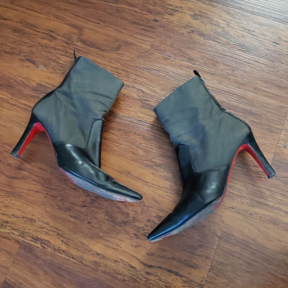 Christian Louboutin Black Leather & Fabric Ankle Boots with Red Soles